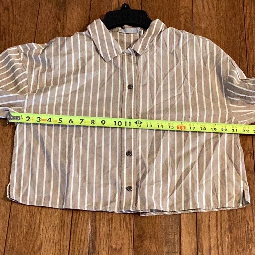 Everlane boxy cotton tan and white striped button down pajamas top. ❗️NEW. Sz SM - Picture 6 of 11